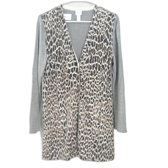 Chicos Women's Leopard Cardigan M/8 Gray Cotton Blend Sweater Button - Picture 1 of 12